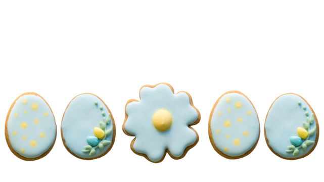 Beautiful tasty delicious glazed Easter cookies in the shape of an egg and a flower. PNG isolated on transparent background, border	