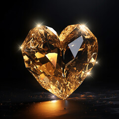 gold heart in a gold crystal on a black background ultra realistic created with Generative Ai