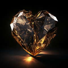 gold heart in a gold crystal on a black background ultra realistic created with Generative Ai