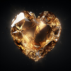 gold heart in a gold crystal on a black background ultra realistic created with Generative Ai