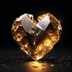 gold heart in a gold crystal on a black background ultra realistic created with Generative Ai
