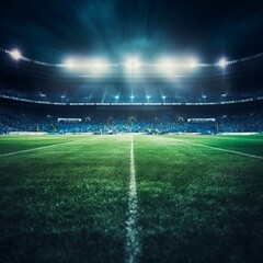 Green Glory: Close-Up Shot Captures the Majestic Soccer Stadium Turf under Lights.