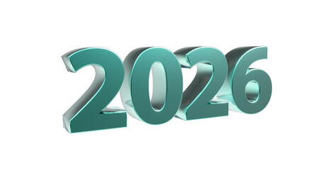 2026 plakative metallische türkise 3D-Schrift, Jahreszahl, Kalender, Perspektive, Nummer, Jubiläum, Neujahr, Jahreswechsel, Freisteller, Alphakanal
