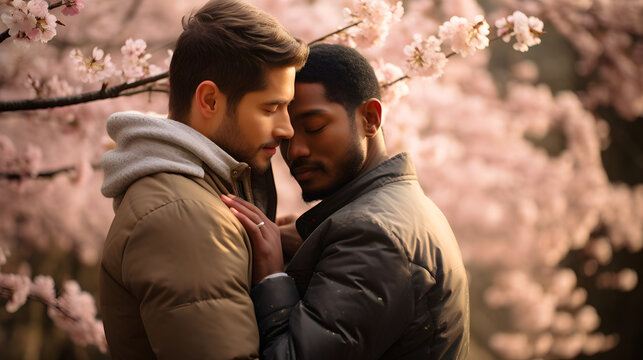 Image of a male couple in an intimate embrace on Valentine's Day in a park with cherry blossom trees in bloom.