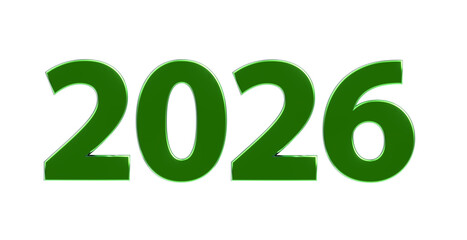 2026 plakative metallische grüne 3D-Schrift, Jahreszahl, Kalender, Perspektive, Nummer, Jubiläum, Neujahr, Jahreswechsel, Freisteller, Alphakanal