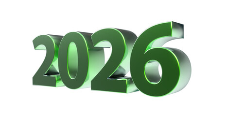 2026 plakative metallische grüne 3D-Schrift, Jahreszahl, Kalender, Perspektive, Nummer, Jubiläum, Neujahr, Jahreswechsel, Freisteller, Alphakanal