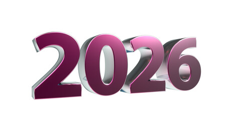 2026 plakative metallische pink violette 3D-Schrift, Jahreszahl, Kalender, Perspektive, Nummer, Jubil&auml;um, Neujahr, Jahreswechsel, Freisteller, Alphakanal
