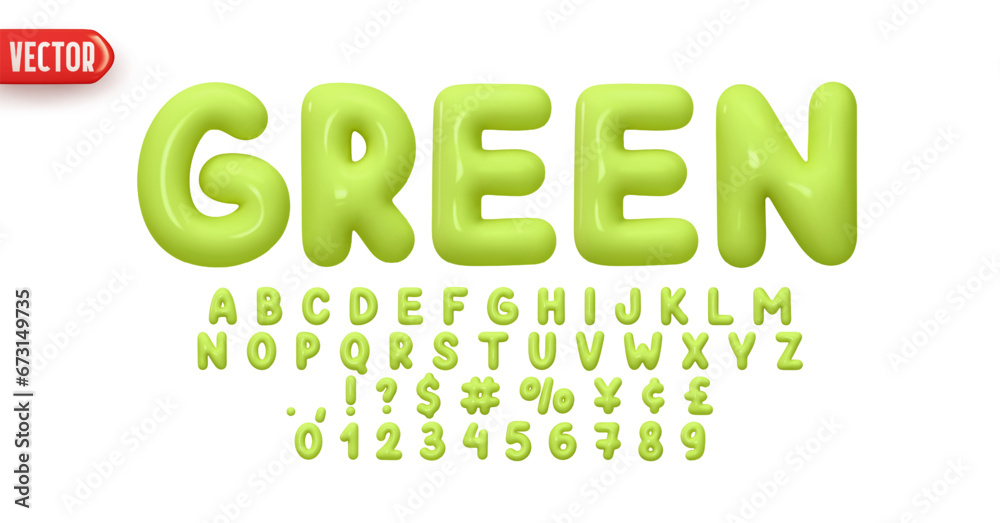 Poster Font realistic 3d design, green colors. Complete alphabet and numbers from 0 to 9. Collection Glossy letters in cartoon style. Fonts voluminous inflated from balloon. Vector illustration