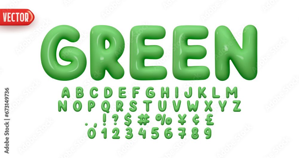 Poster Green Font realistic 3d design. Complete alphabet and numbers from 0 to 9. Collection Glossy letters in cartoon style. Fonts voluminous inflated from balloon. Vector illustration