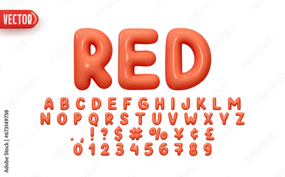 Fototapete red font realistic 3d design. complete alphabet and numbers from 0 to 9. collection glossy letters i