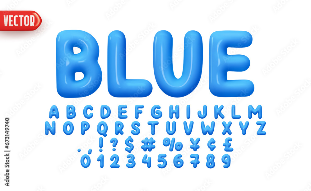 Fototapete blue font realistic 3d design. complete alphabet and numbers from 0 to 9. collection glossy letters 