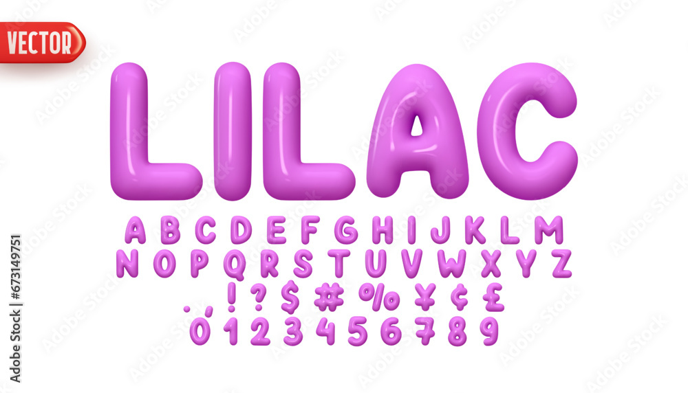 Poster Font realistic 3d design, lilac colors. Complete alphabet and numbers from 0 to 9. Collection Glossy letters in cartoon style. Fonts voluminous inflated from balloon. Vector illustration