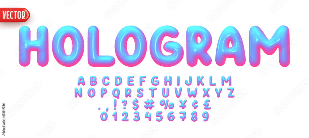 Aufkleber Font realistic 3d design, hologram gradient colors. Complete alphabet and numbers from 0 to 9. Collection Glossy letters in cartoon style. Fonts voluminous inflated from balloon. Vector illustration