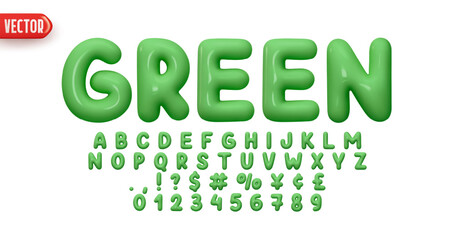 Green Font realistic 3d design. Complete alphabet and numbers from 0 to 9. Collection Glossy letters in cartoon style. Fonts voluminous inflated from balloon. Vector illustration