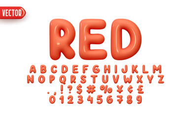 Red Font realistic 3d design. Complete alphabet and numbers from 0 to 9. Collection Glossy letters in cartoon style. Fonts voluminous inflated from balloon. Vector illustration © lauritta