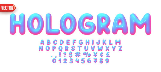 Font realistic 3d design, hologram gradient colors. Complete alphabet and numbers from 0 to 9. Collection Glossy letters in cartoon style. Fonts voluminous inflated from balloon. Vector illustration © lauritta