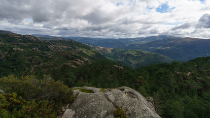 Panorama of mountain landscape with autumn forest from miradouro das Rocas of Peneda-Geres National...