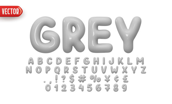 Grey Font realistic 3d design. Complete alphabet and numbers from 0 to 9. Collection Glossy letters in cartoon style. Fonts voluminous inflated from balloon. Vector illustration