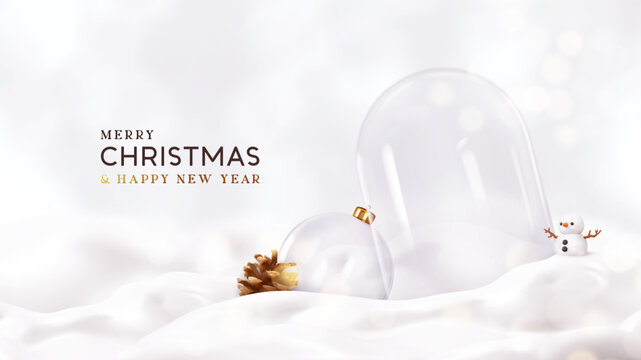 Christmas winter background in transparent glass snow dome inside empty, lies in snowdrift. Realistic 3d design in cartoon plastic style. Merry Christmas and Happy new year. Vector illustration