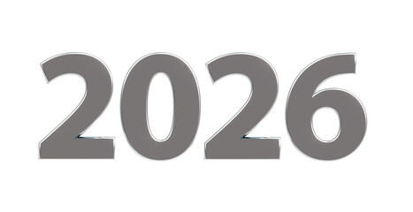 2026 plakative metallische silberne 3D-Schrift, Jahreszahl, Kalender, Perspektive, Nummer, Jubiläum, Neujahr, Jahreswechsel, Freisteller, Alphakanal