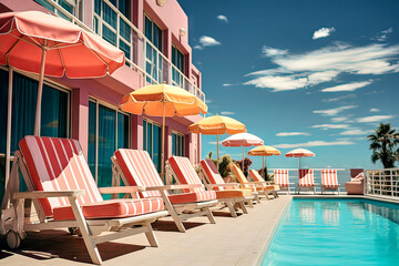 Fototapeta premium Small Pool with Sun Loungers in Front of a Pink Painted Hotel with Parasols, Pastel-Colored