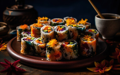 Sushi variety of Rolls Artfully Arranged on a Stone with Soy Sauce on The Side Selective Focus Background