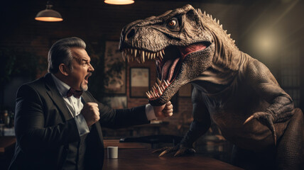 Man arguing with young tyrannosaurus. Having a dispute with dinosaur. Pissed off business man...