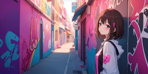 Fototapeta na wymiar Beautiful anime girl, graffiti Artist