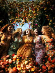 Fototapeta premium Group of Dancing and Laughing Curvy Young Women in a Sea of Roses