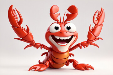 Adorable 3d rendered cute happy smiling and joyful lobster cartoon character on white backdrop