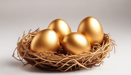 Four  golden eggs in the nest on white background