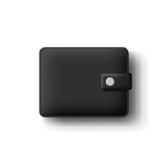 Black leather 3D wallet with a clasp. View from above. The object on a white background for the concepts of finance, business, cash settlement, and saving money.