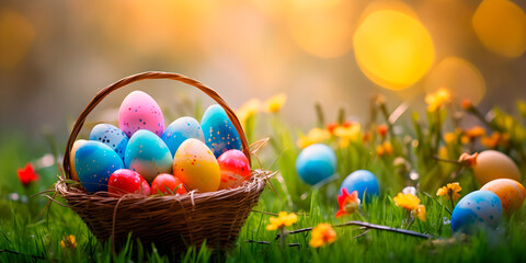 Fototapeta na wymiar Easter eggs in a basket with blur background.