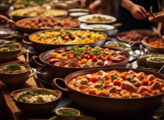 A bountiful buffet table showcases difference diverse dishes in individual bowls, creating an enticing spread for buffet-style dining