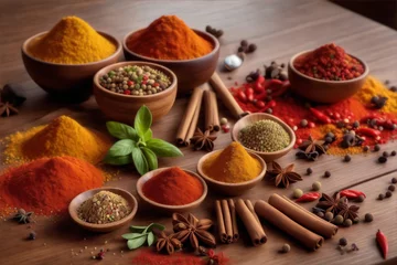 Fotobehang An array of assorted spices elegantly displayed on a kitchen table © nasir1164