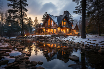Fototapeta premium Early evening with a beautiful log cabin in a winter wonderland