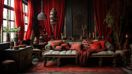 Boho Interior Design with Red Accents