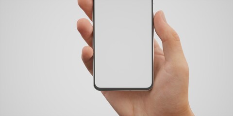 Caucasian man holding phone on a white background, blank screen mockup
