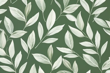 Randomly placed white leaves create a seamless pattern on a sage green background. Generative AI
