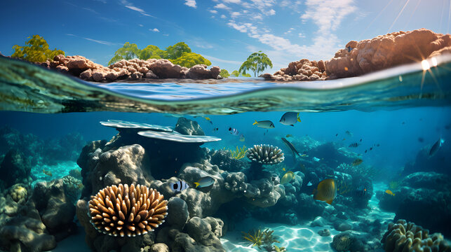 A photo of the Great Barrier Reef, with crystal-clear turquoise waters as the background, during a serene morning dive,