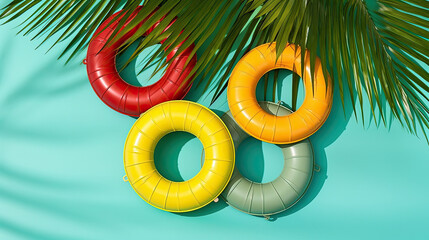 an array of red, green and yellow swim rings on light blue background with beautiful green palm leaves and palm tree shadow. summer background, copy space, pool in resort