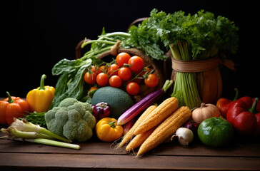 Fresh raw vegetable ingredients for healthy cooking or salad making with rustic wood board in center, top view, copy space. Diet or vegetarian food concept, horizontal composition