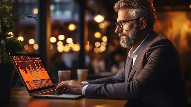 Man sitting with laptop and working with growing graph. Data analysis to increase sales and revenue. Business data analytics. High quality.
