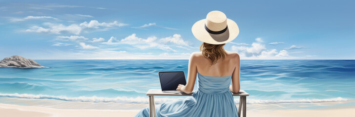 Rear view of young woman, female freelancer in straw hat working on laptop, while sitting on the tropical sandy beach.
