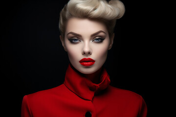 Elegant woman with bold red lips and retro blonde hairstyle. Classic beauty and fashion icon concept. Astro Dust color trend. Design for luxury branding, cosmetic advertising, or poster