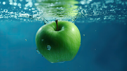 green apple with water drops, Apple falls deeply under water with a big splash.