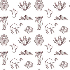 Vector seamless pattern with egyptian landmarks and icons, set of Egypt symbols in a linear style, graphic illustration for print, outline egyptian pattern for children