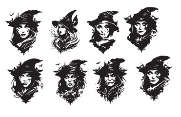 Set of silhouettes witches. Collection of mythical characters for Halloween. Magic female in witch hat. Terrifying sticker. Vector illustration outline of scary personage. 