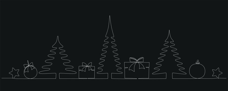 Christmas trees with boxes - hand drawing one single continuous line. Vector stock illustration isolated on black background for design template winter banner, greeting card. Editable stroke. EPS 10