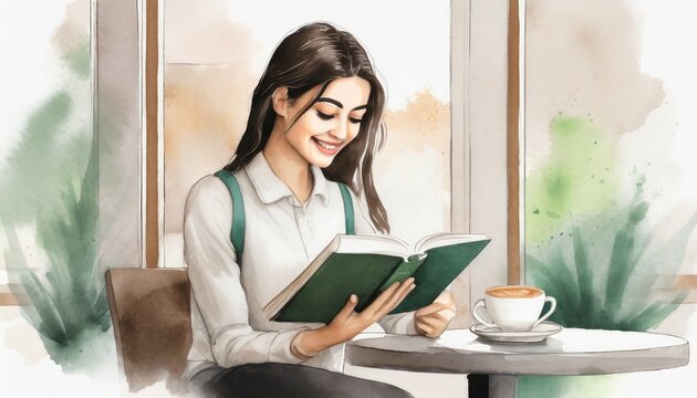 Girl reading a book and drinking a coffee at a cafe, watercolor painting